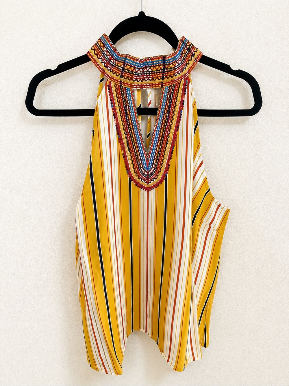 THML Yellow Striped Embroidered Halter Camisole